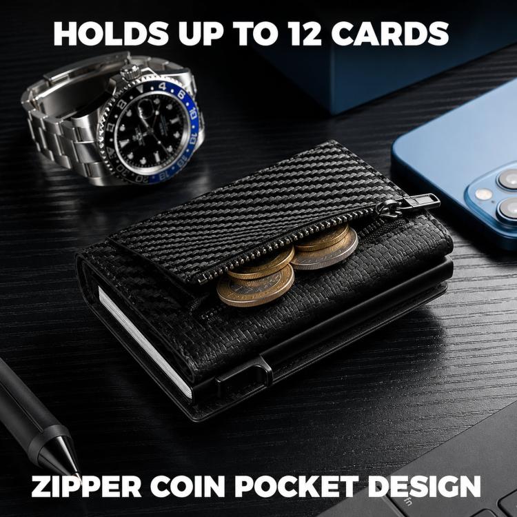 Carbon fiber slim wallet with zipper coin pocket and RFID card holder design
