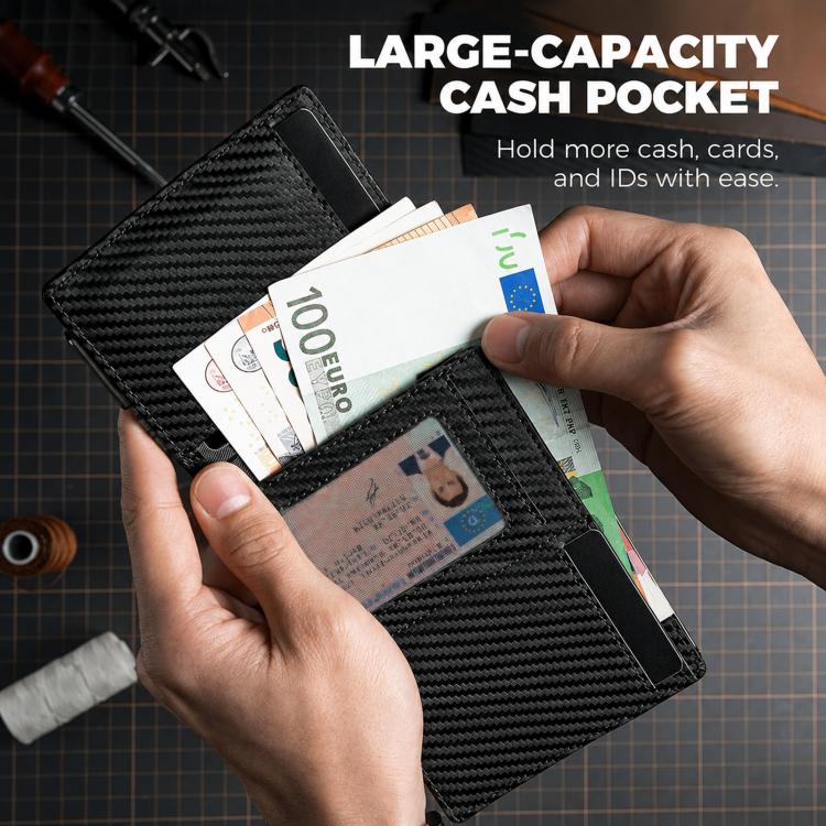 Carbon fiber RFID wallet holding multiple cards and cash with zipper coin pocket