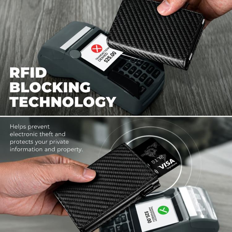 Carbon fiber RFID-blocking card wallet with slim front for secure card storage