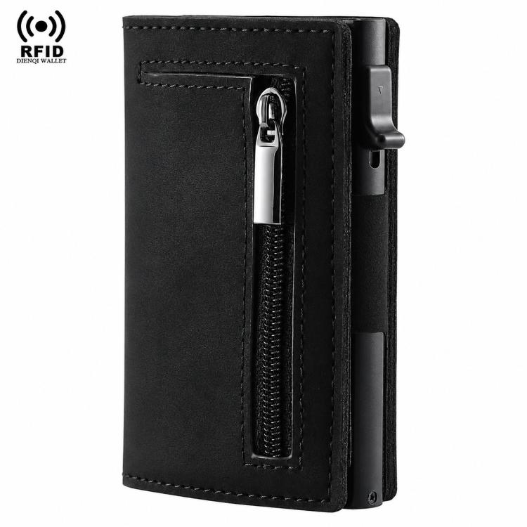 Black slim card wallet with pop-up mechanism and zip coin pocket detail