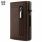 Brown slim card wallet with pop-up mechanism and vertical zip coin pocket