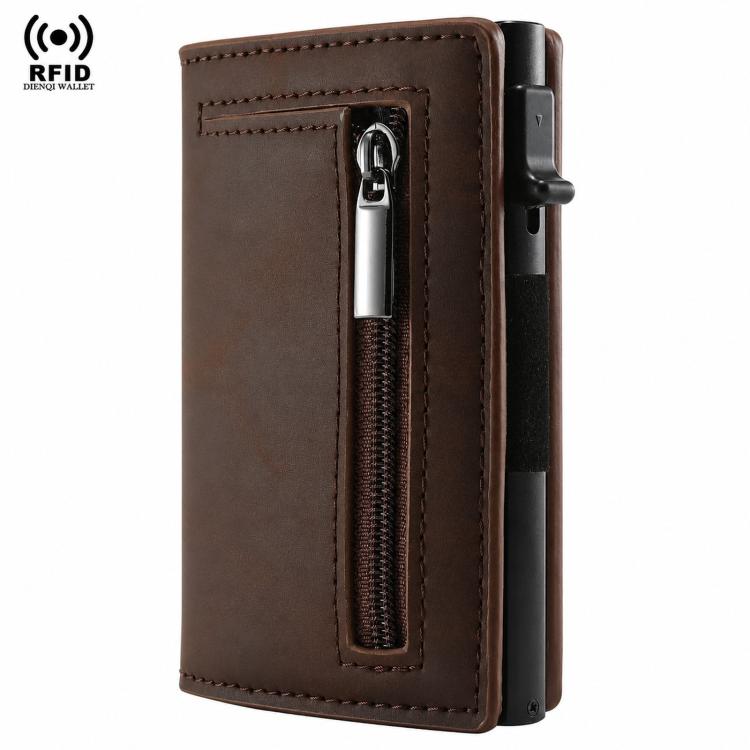 Brown slim card wallet with pop-up mechanism and vertical zip coin pocket