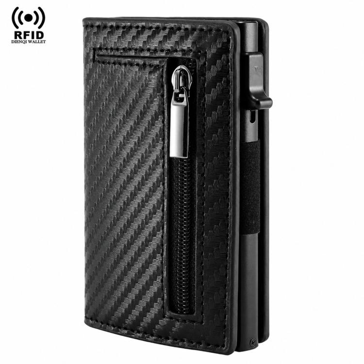 Carbon fiber black slim card wallet with pop-up mechanism and zip coin pocket