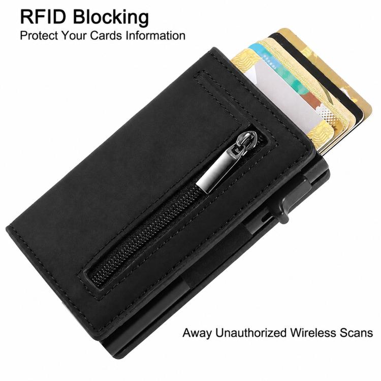 Black zip coin wallet with card slots and cards partially visible