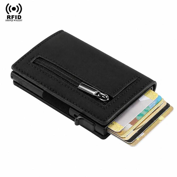 Black minimalist card wallet with top zip coin pocket and card slot