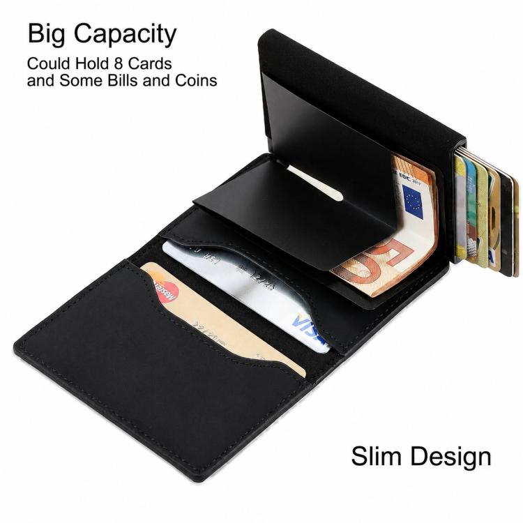 Black bifold card wallet open view with zip coin pocket and card slots