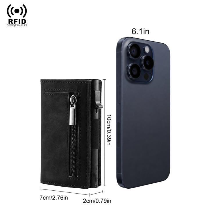 Black slim card wallet with zip coin pocket and pop-up card holder