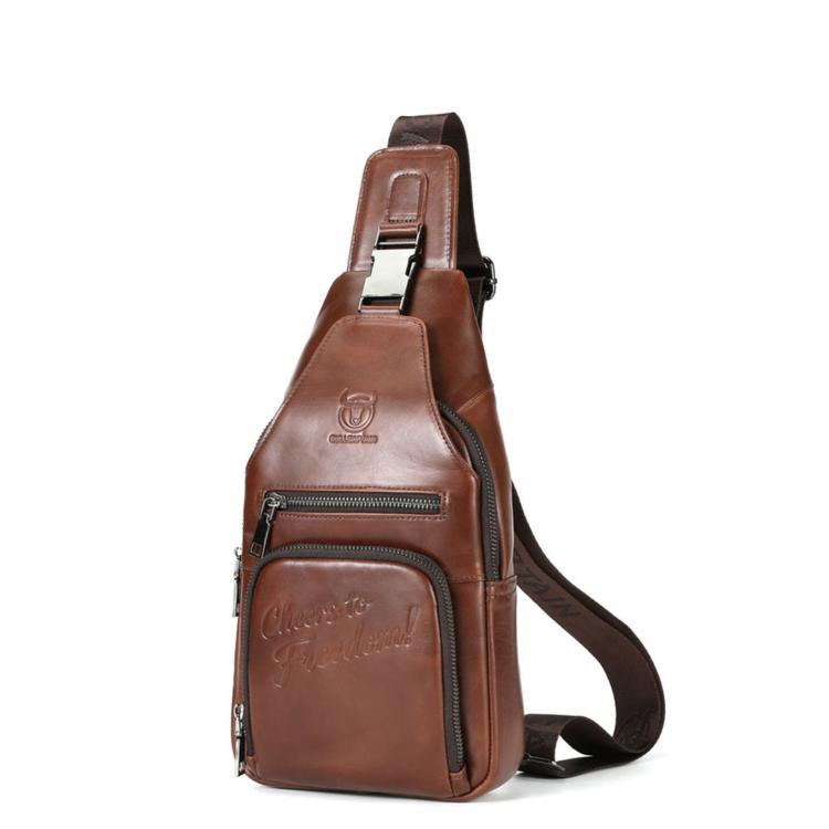 BULL CAPTAIN leather sling bag in coffee brown with front zip pocket and adjustable strap