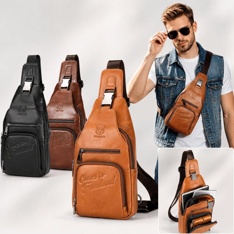 BULL CAPTAIN leather sling bag set in black, brown, and tan with front zip pocket