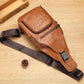 Brown leather crossbody sling bag with zip top flap and adjustable shoulder strap