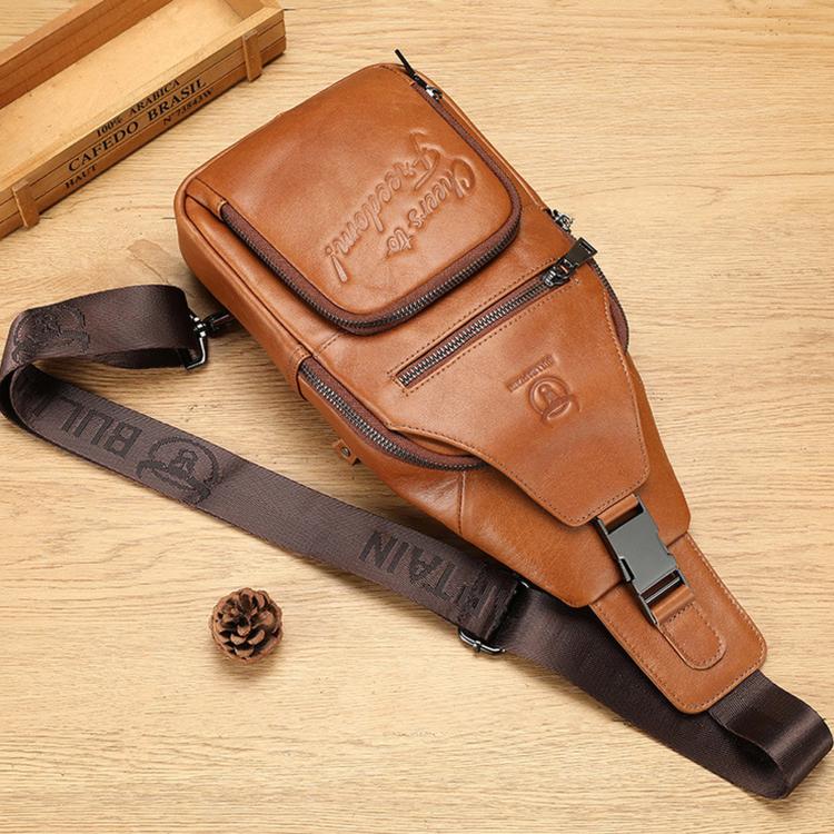 Brown leather crossbody sling bag with zip top flap and adjustable shoulder strap