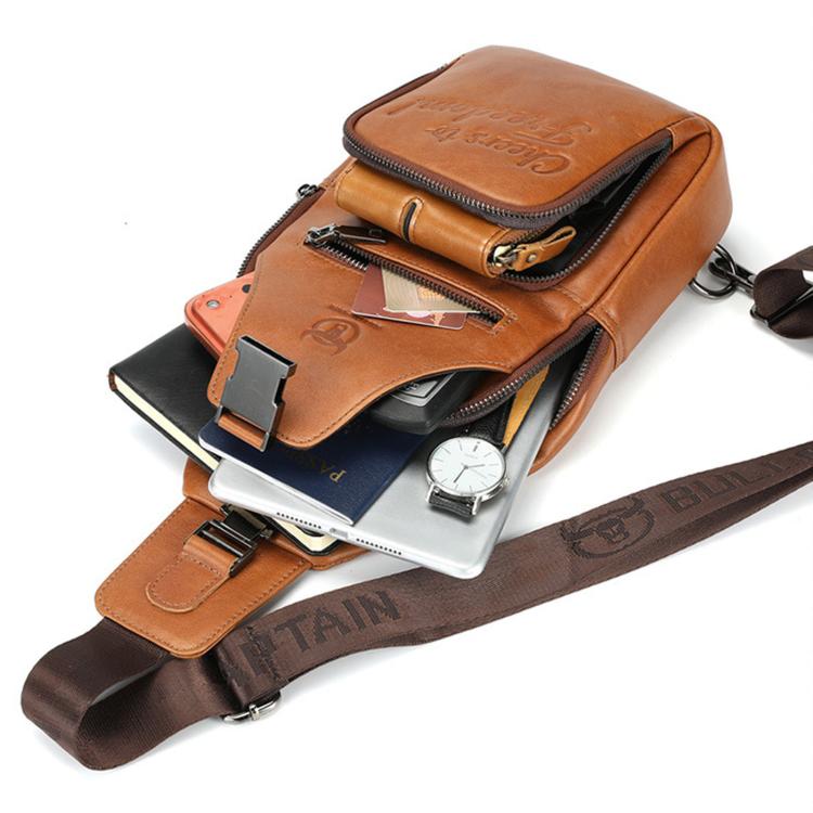 Tan leather sling bag with multiple zip pockets and adjustable shoulder strap