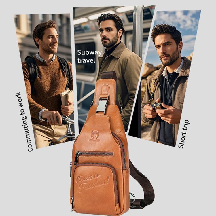 Tan leather crossbody sling bag with front zip pocket and adjustable strap