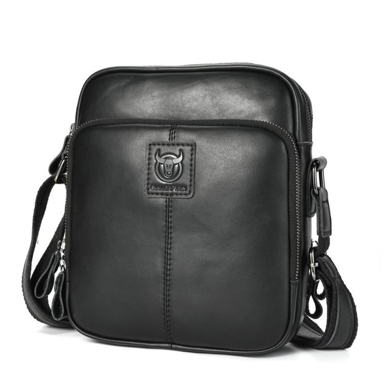 Men's black leather crossbody bag with zip top and front logo patch.