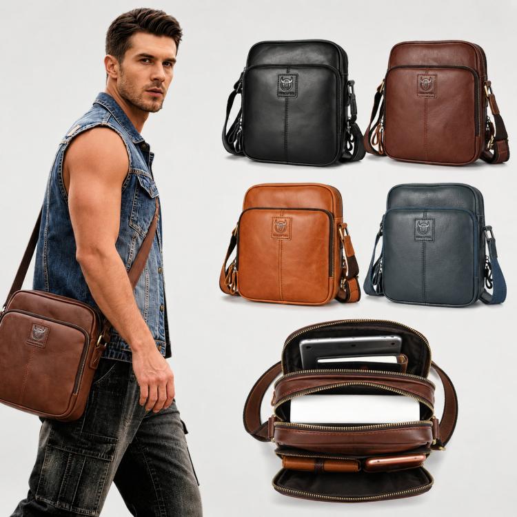 Set of leather crossbody bags in black, brown, tan, and blue with straps.