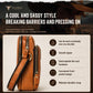Orange leather crossbody bag with side zip, front logo patch, and shoulder strap.