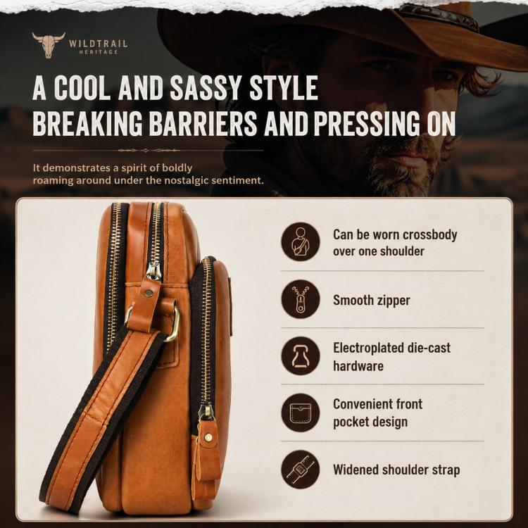 Orange leather crossbody bag with side zip, front logo patch, and shoulder strap.