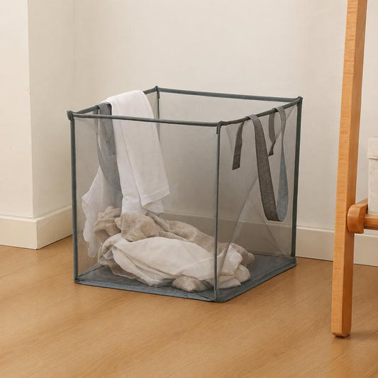 Collapsible gray mesh laundry hamper basket with side handles, open top