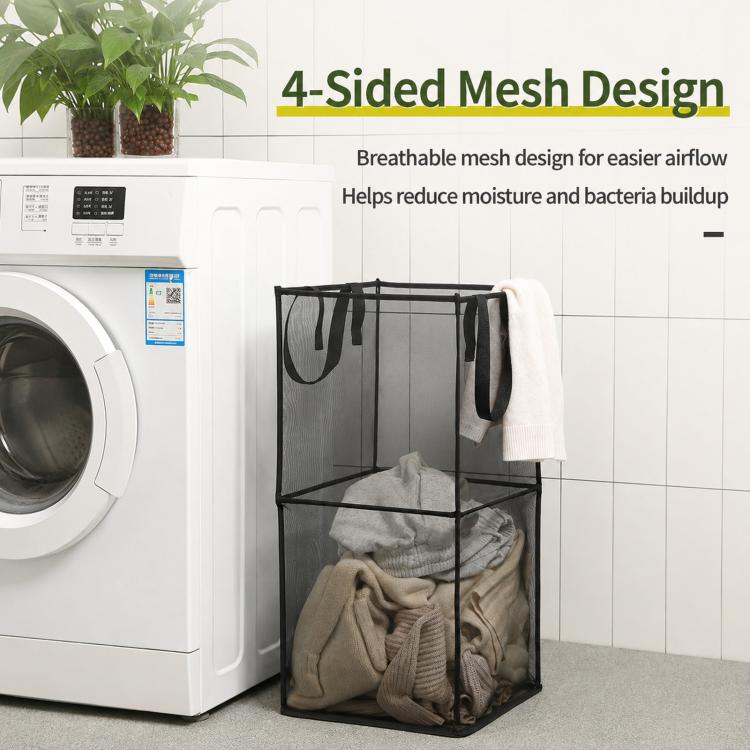 Collapsible Mesh Laundry Hamper Portable Clothes Storage Basket With Handles, Single Layer Black, Single Layer White, Single Layer Gray, Double Layer Black, Double Layer White