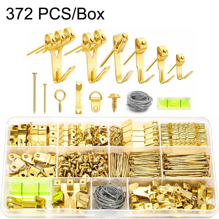 Gold picture hanging hardware kit with nails, steel wire, and hooks in a organizer tray