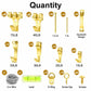 Gold picture hanging kit parts chart: hooks, screw eyes, nails, and steel wire
