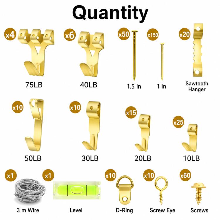 Gold picture hanging kit parts chart: hooks, screw eyes, nails, and steel wire