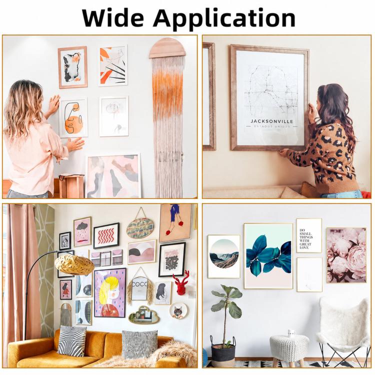 Picture hanging kit shown used to mount framed art on walls in a room