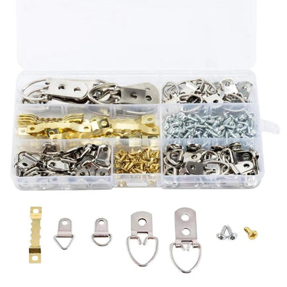 Sawtooth D-ring picture frame hooks set in clear box, silver and gold-tone metal pieces