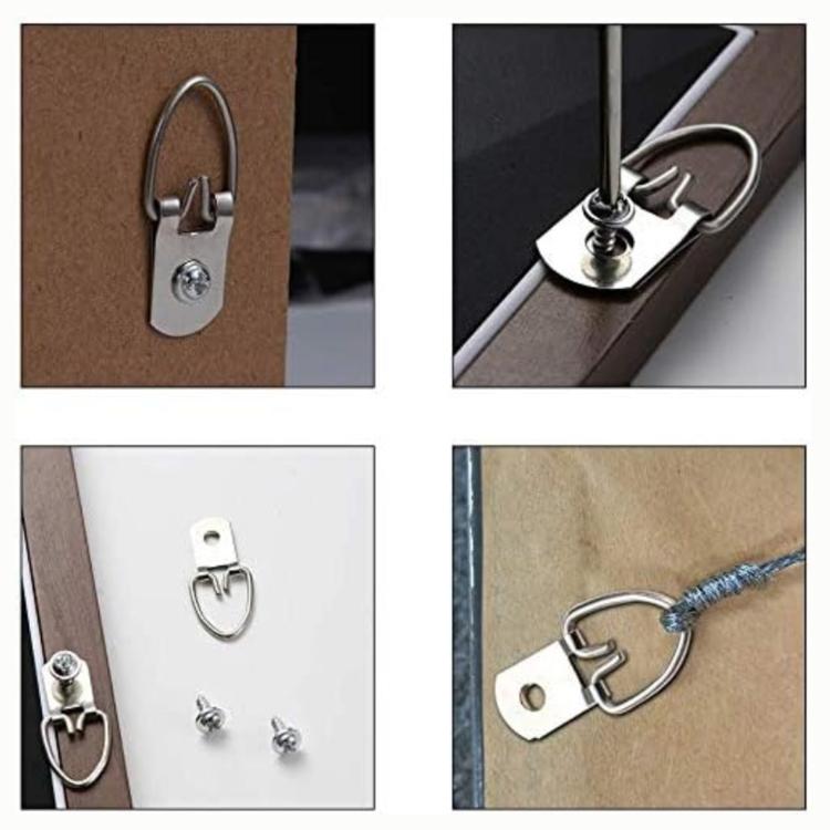D-ring frame hooks with screws mounted on board edges, silver finish