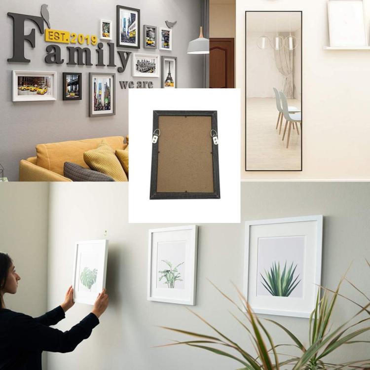 Sawtooth D-ring picture frame hooks hanging a small wall frame, silver metal