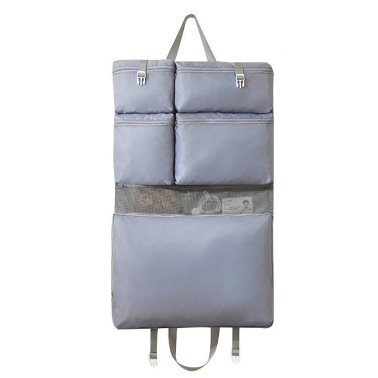 Hanging travel clothes organizer bag, gray with multiple padded compartments and straps