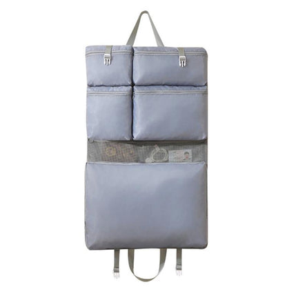 Hanging travel clothes organizer bag, gray with multiple padded compartments and straps