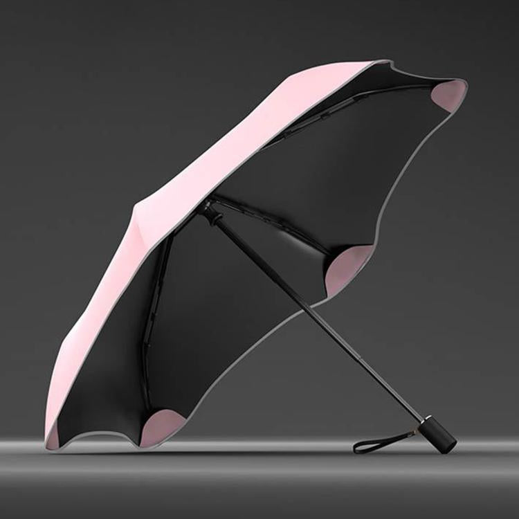 Three-fold manual sun umbrella, pink-and-black canopy with curved panels and hand strap