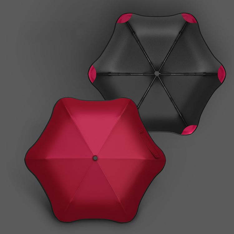 Three-fold sun umbrella set, folded black and folded red canopies with red trim