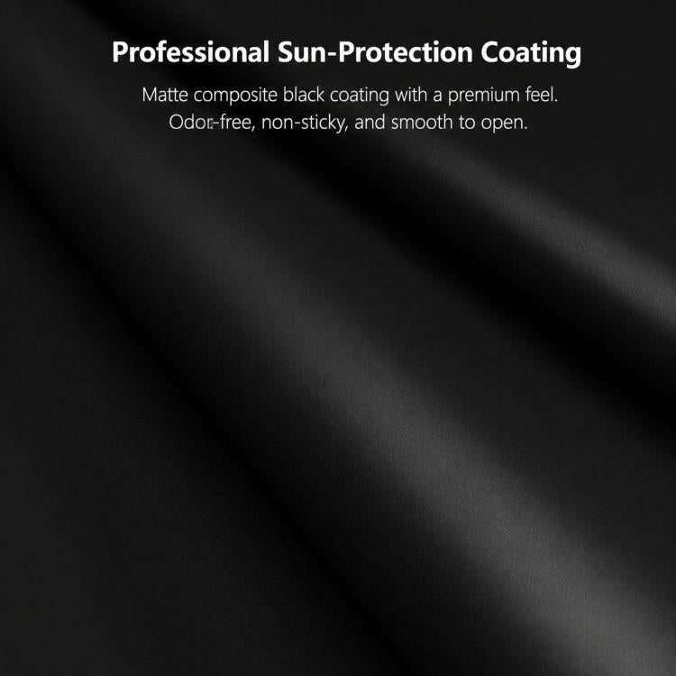 Black sun umbrella fabric with matte coating texture, close-up