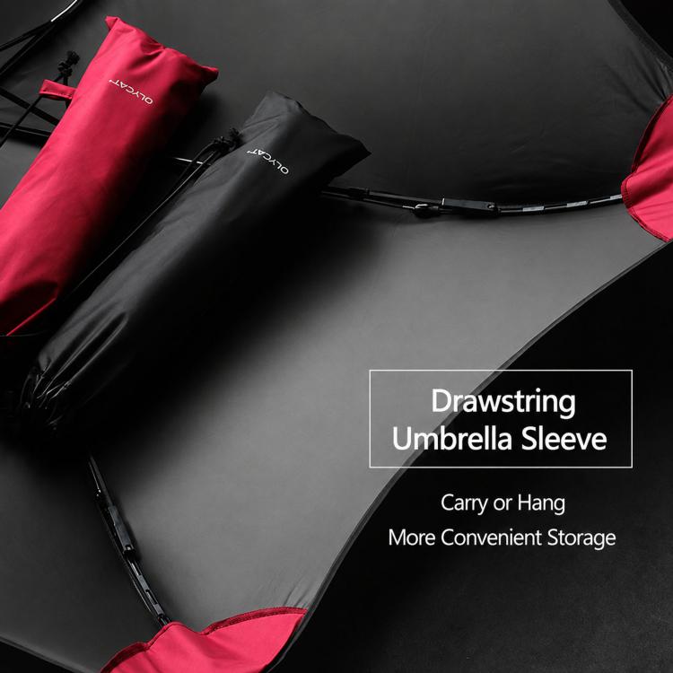 Three-fold umbrella with drawstring sleeve, black canopy with red inner panel