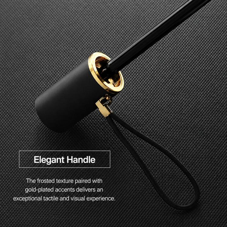 Umbrella handle with frosted grip, gold accent ring, and black wrist strap