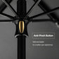 Umbrella top hub with anti-pinch button and gold-toned center, close-up