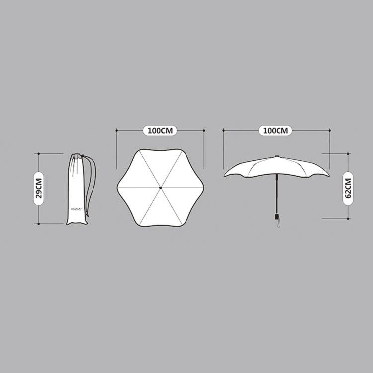 Three-fold umbrella size diagram: bag, folded canopy, open canopy with 100 cm dims.