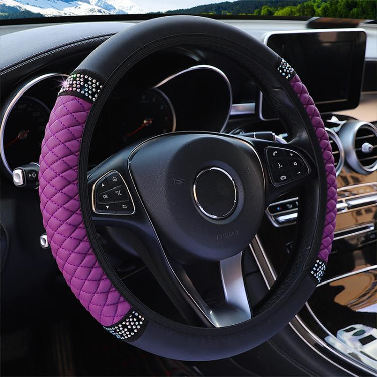 Quilted leather steering wheel cover with rhinestone trim, purple