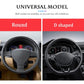 Universal steering wheel covers showing round and D-shaped fit, black with rhinestone trim