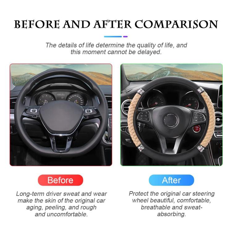 Steering wheel cover comparison: tan quilted cover with rhinestone trim on a steering wheel