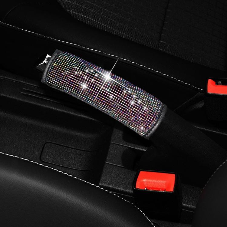 Rhinestone car handbrake cover with multicolor iridescent crystals over parking lever
