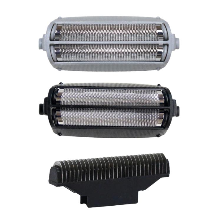 Silver and black shaver foil heads with cutting comb and metal roller drums