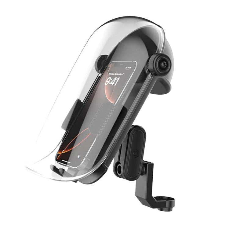 Phone mount with clear sunshade cover and side clamp, black and gray design