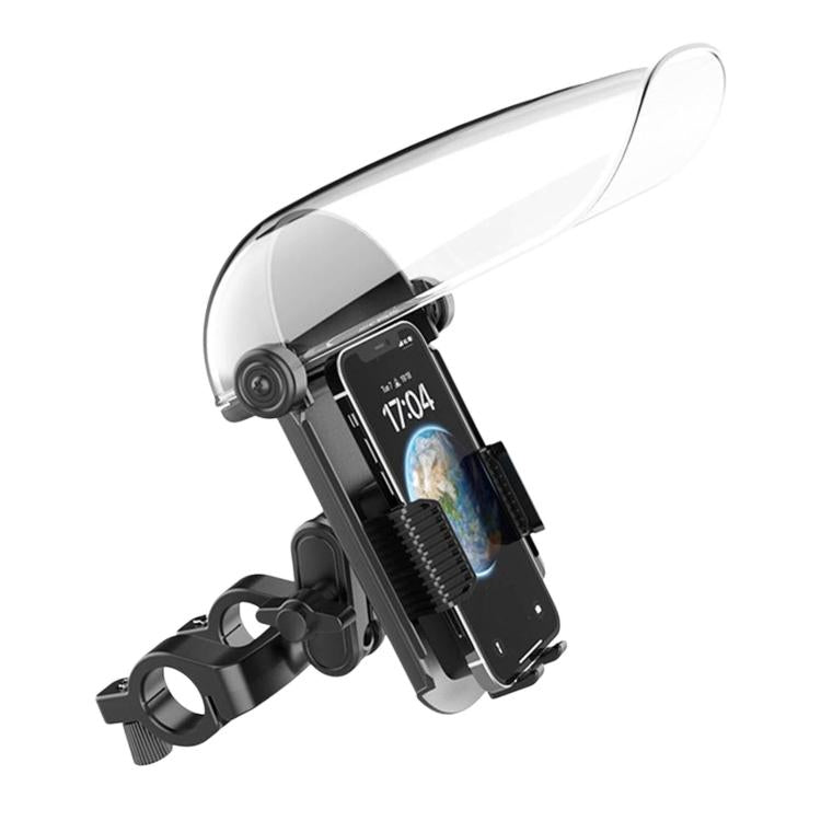 Phone mount with clear sunshade cover and handlebar clamp, compact black mounting base
