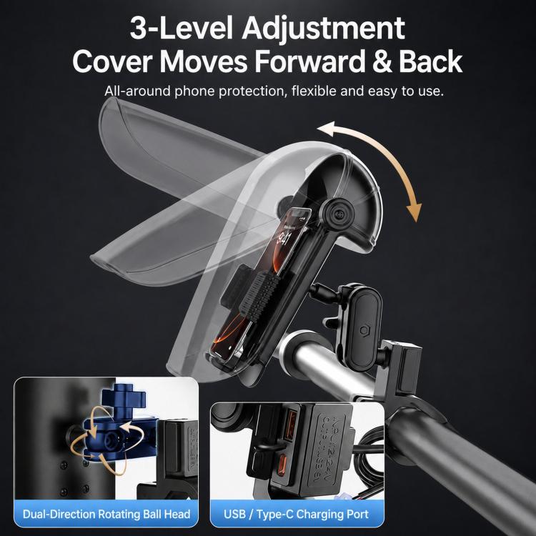 Phone mount with clear 3-level adjustable sunshade cover over mounted smartphone