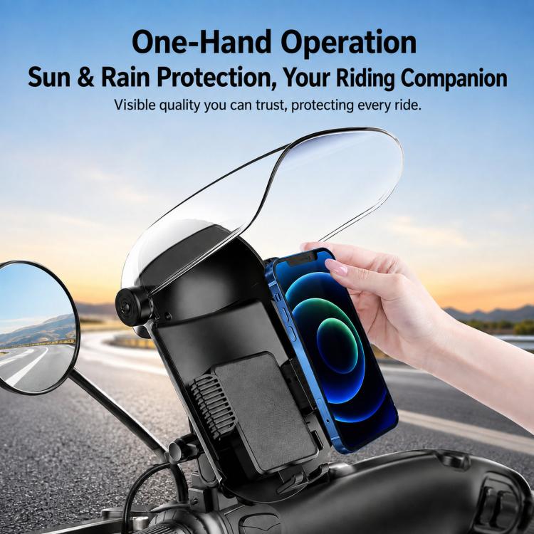 Phone mount with clear sun and rain protection cover, hand holding phone in cradle
