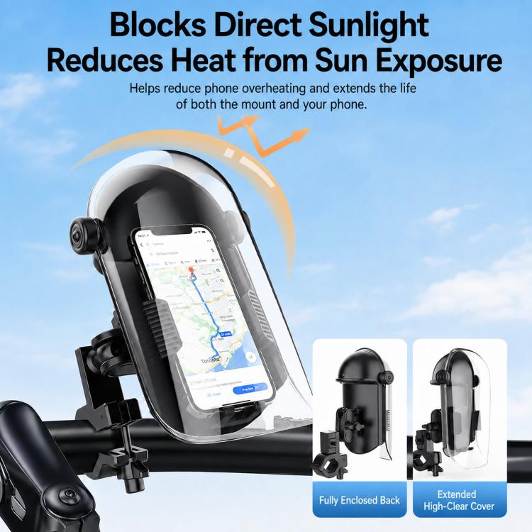 Phone mount with clear sunshade cover shielding a phone display from sunlight