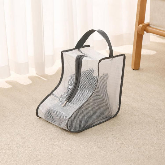 Clear boot storage bag with gray fabric, black trim, top handle, and front zipper